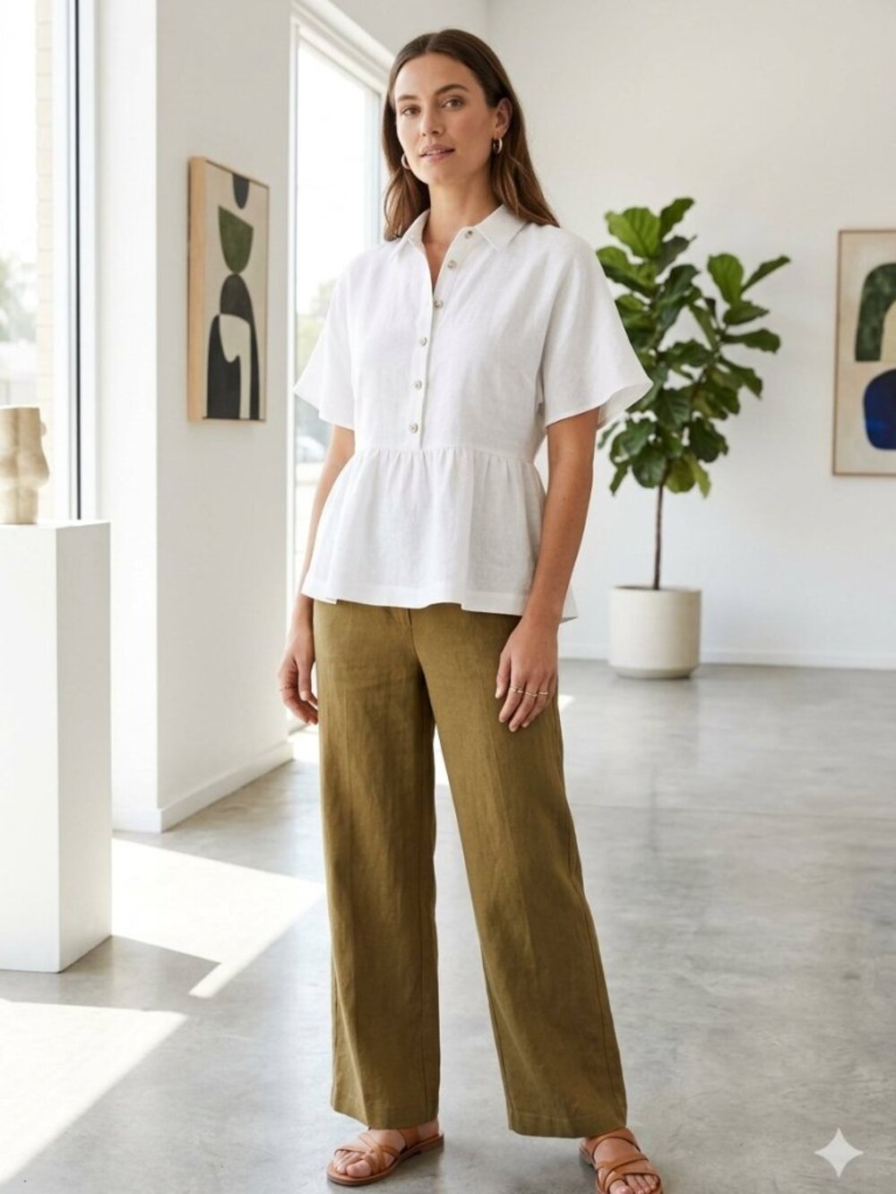Catherine Malandrino Size Small White 100% Linen Short Sleeve Peplum Blouse Top